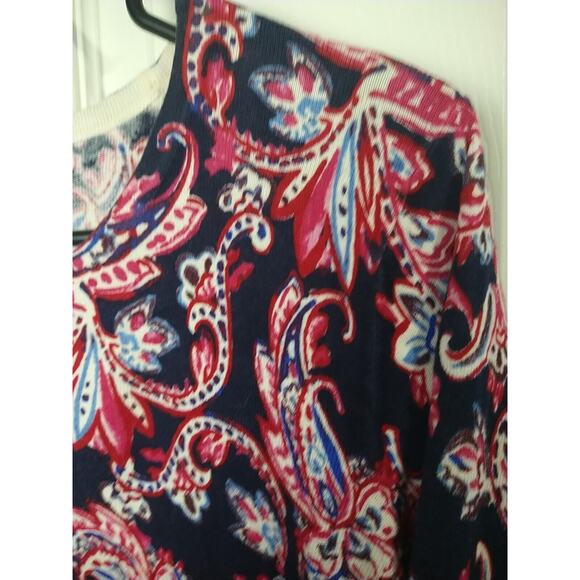 Talbots Sweater Women LP Dark Blue Pink Paisley Knit Stretch Lightweight Top - Picture 4 of 8